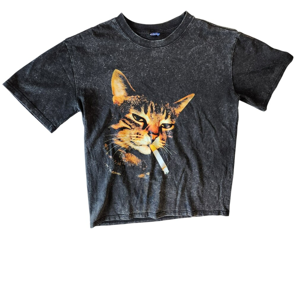 Funny Smoking Cat Cigarette Meme Graphic Tee Mineral Acid Wash Unisex Size L